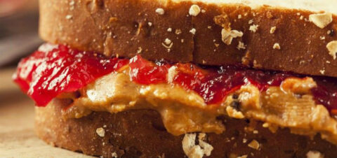 a sandwich with peanut butter and jelly on it.
