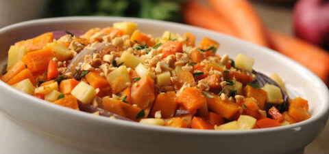roasted vegetables sprinkled with peanuts.