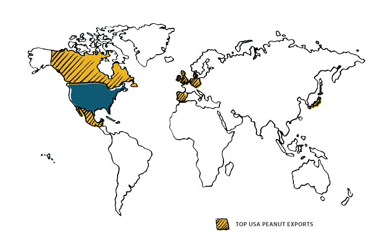 world map with top USA peanut exports countries highlighted