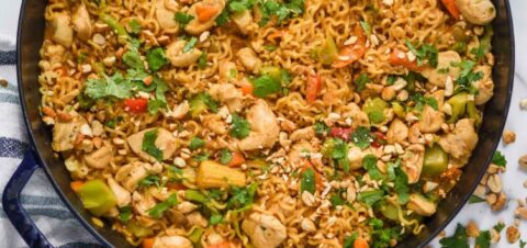 a skillet filled with noodles