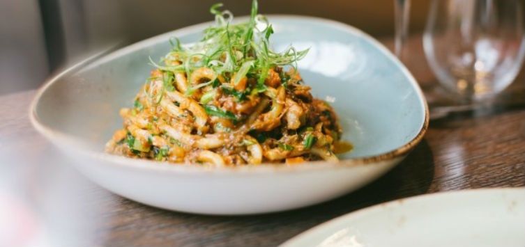 thick noodles garnished with thin slices of green onion.