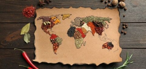 World map made with spices and herbs