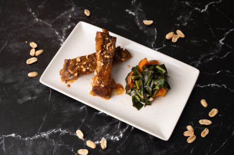 Sweet Chili Peanut Butter Glazed Ribs & Baked Sweet Potatoes with African Peanut Sauce