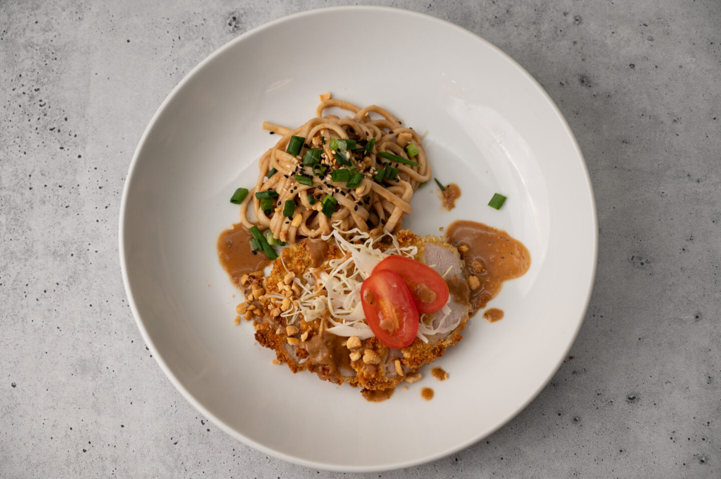 Cold Peanut Udon Noodles with Pork Katsu