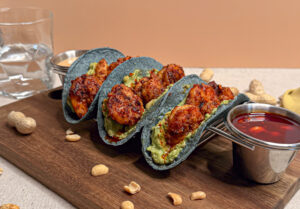 Peanut salsa macha shrimp tacos