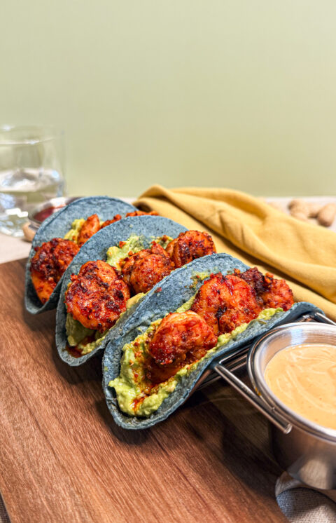 Peanut salsa macha shrimp tacos
